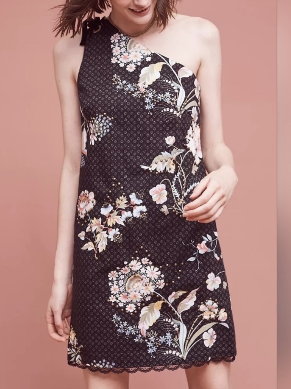 Maeve Ashbury Texturemaxxing Asymmetric Studded Lace Trim Cotton Sheath Dress